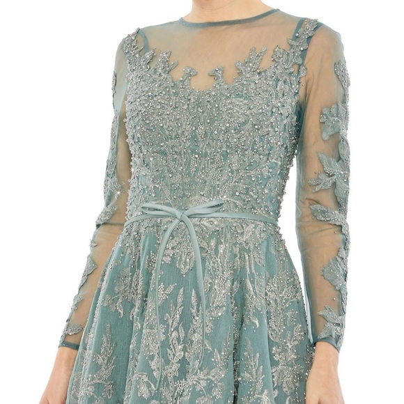 Mac Duggal 20337 NWT EMBELLISHED BOW BELT ILLUSION LONG SLEEVE A LINE DRESS - Picture 3 of 10